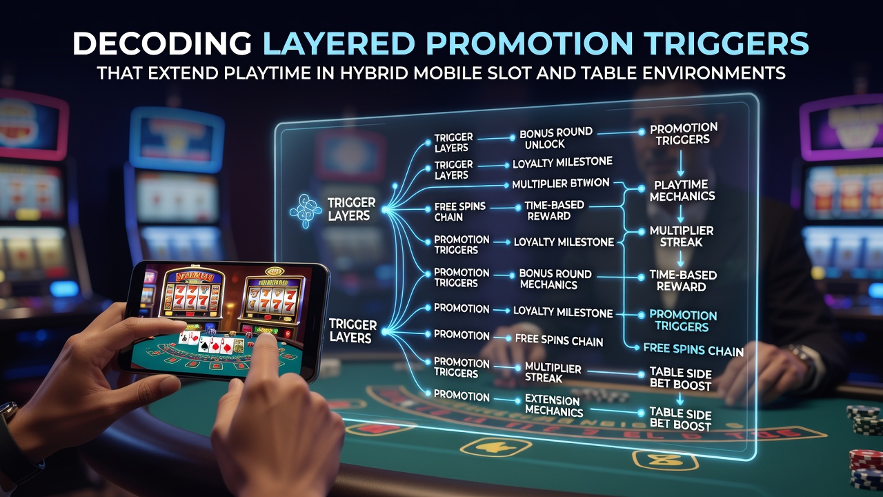 Hybrid mobile casino screen displaying layered slot and table game promotions with progress indicators