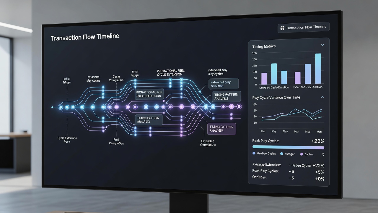 Data visualization showing transaction flow timelines and extended play cycles on handheld casino apps