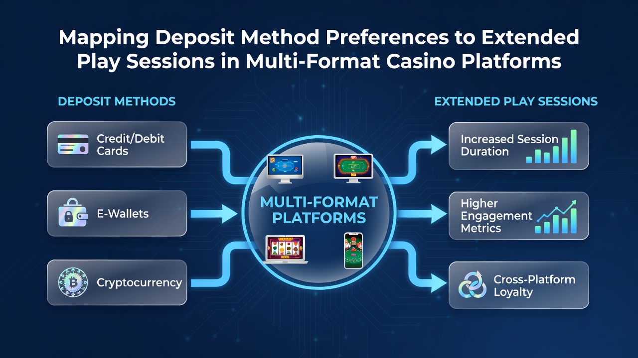 Infographic illustrating correlations between various deposit methods and play session extensions in slots, tables, and live dealer formats