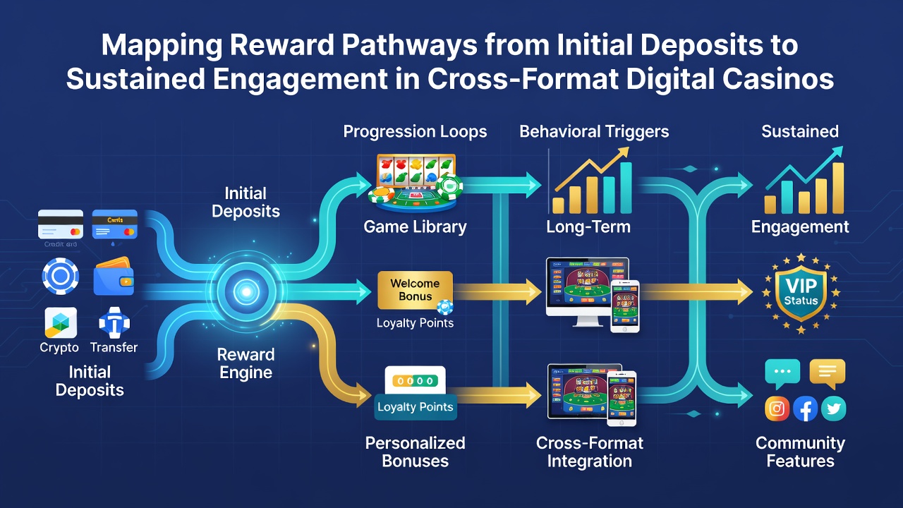 Diagram showing the flow from deposits through bonuses to long-term player engagement across casino formats